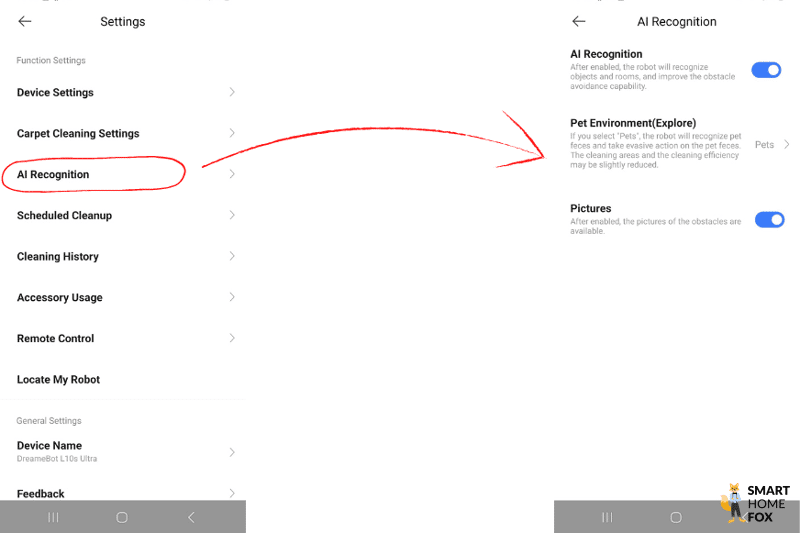 Различные настройки, касающиеся распознавания объектов Dreame L10s Ultra, в приложении.